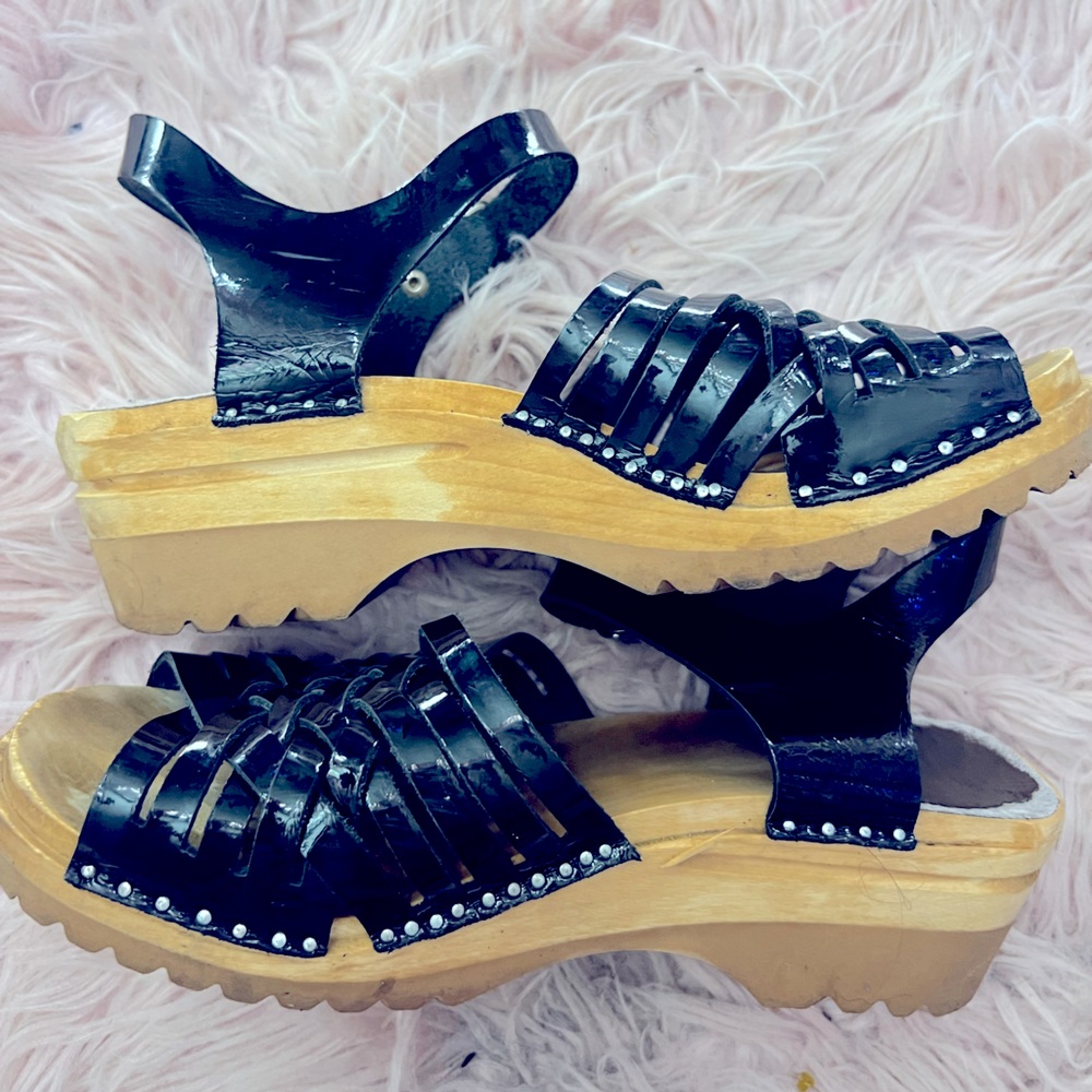 Troentorps Anna Black Patent Leather Clog Sandal Size EU 39 9 wood wedge